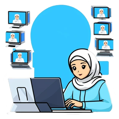 computer engineer with white hijab wearing blue clothes, working with multiple holographic screens showing digital world, virtual interfaces, metaverse elements sticker