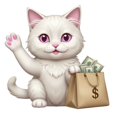 the white color ragdoll cat waves its paw and holds a bag of money sticker