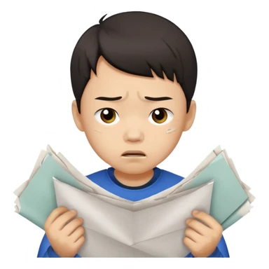 Envy - feeling of discontent at another\'s advantages or possessions - young chinese boy tearing up papers sticker