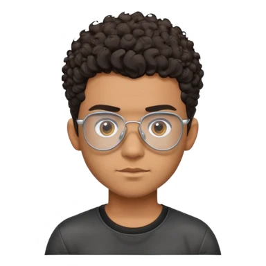 Young Latino with big forehead, metal-framed aviator glasses, very short curly dark hair on top with shaved sides, neutral expression, brown skin, black t-shirt sticker