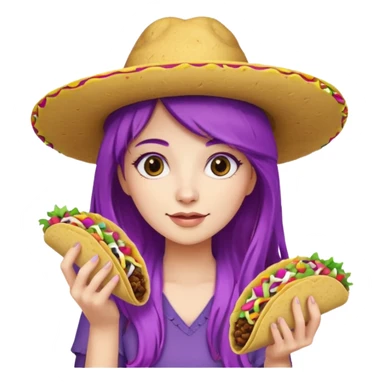 woman holding taco with purple long hair and hat on head  sticker