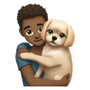 lightskin blonde girl with green eyes and lightskin boyfriend with blue eyes brown hair and their dog brown black white pekingese are hugging (light aesthetic colors) sticker