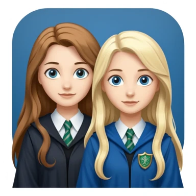 a pretty ravenclaw girl with long brown hair and blue eyes standing with a hot Slytherin girl with long blonde hair, blue eyes and big boobs  sticker