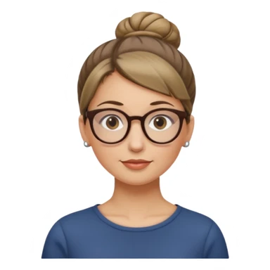 femme de 38 ans avec des cheveux blond foncé sans mèche devant, un chignon haut, yeux bruns, lunettes rondes sticker