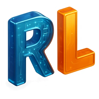 Add a tech-inspired icon such as a circuit, microchip, or digital element to the modern 'RL' logo. Keep the design minimalistic and professional with clean lines and a subtle metallic or gradient finish. Maintain the transparent background. sticker