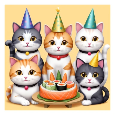 Nine cats eating sushi at a birthday party sticker