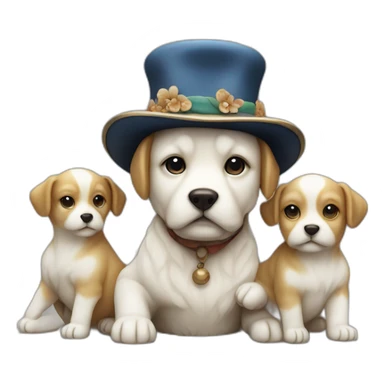 Netsuke dog with puppies and a hat sticker