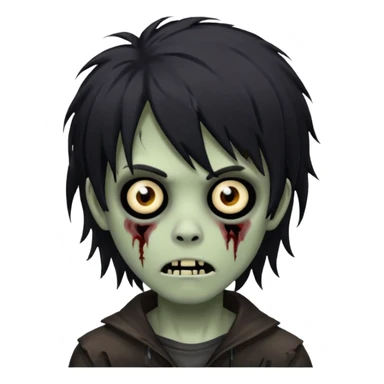 boy zombie with black, medium-long, shaggy emo hair, dark and spooky, creepy expression sticker