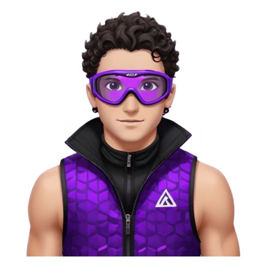 close-up of male athlete with white skin and moderately curly dark brown hair on top with shaved sides, wearing ski goggles with purple frames and very dark black lenses, a simple plain black chain necklace, and a completely unzipped sleeveless vest with purple and black sequin fire pattern design with no logo, with an arrogant smug smirk on his face, looking confident and cocky sticker