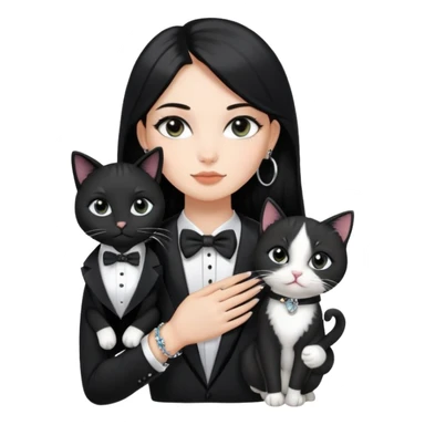 A girl with long straight black hair has upward-slanting eyeliner. She is wearing large silver hoop earrings, a black t-shirt, and a bracelet on her left hand. She is holding a  tuxedo cat with a black face  sticker