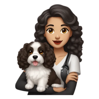 young moroccan woman with dark brown eyes, dark long curling hair, red lips, a black dress, a stethoscope and a white cotton of tulear dog on her laps sticker