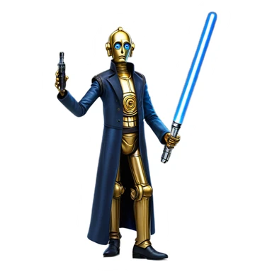 tarnished undercover tough well-equipped Jedi  life-sized darkblue-pearl C3po as a friendly droid wearing a leather clothing pants and vest old west duster coat holding light saber sheriff sticker