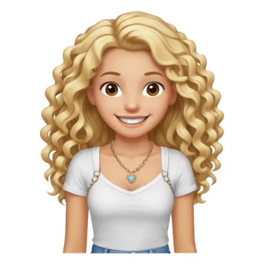 smiling white girl with long curly blond hair and hairgrip, athletic slim, wearing jeans white strappy t-shirt and necklace, showing white teeth sticker