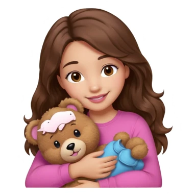 girl with long wavy brown hair, brown eyes, light to medium complexion, in a pink shirt, pink lips, long lashes, smiling, hugging a teddybear sticker