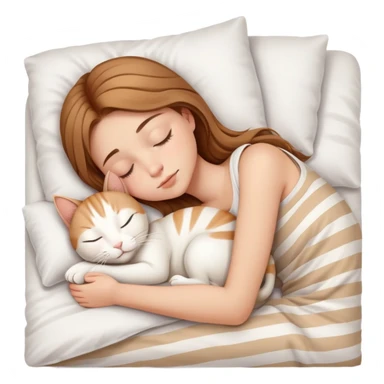 side view light brown haired teenage girl sleeping with white cat that has beige stripes on a white pillow with white sheets sticker