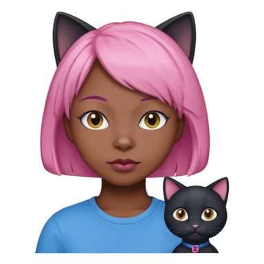 Black cat wearing a short pink hair wig, blue T-shirt sticker