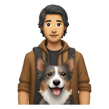 Long haired Asian man holding brown/grey Australian cattle dog  sticker