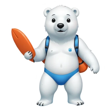 full body friendly anthropomorphised polar bear wearing swim suit with board shorts below the knee and scuba goggles, holding a life buoy, standing in a puddle sticker