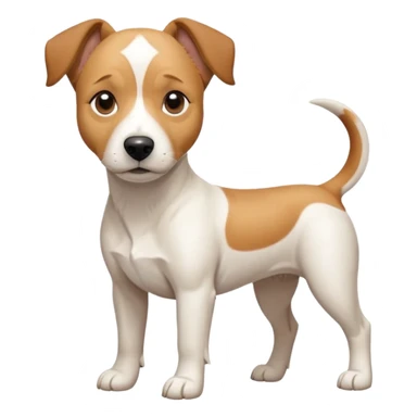 a full body facing front on of a buff white beagle cross jack russell terrier looking dog the size of a kelpie with light brown long ears resting on its face and a light brown patch above one eye and a large snout. the rest of the dog is completely white.  sticker