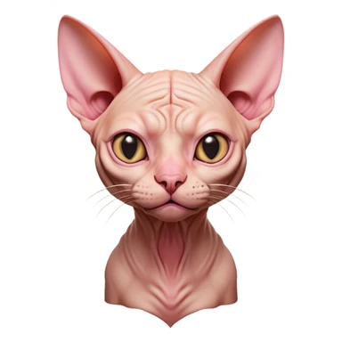 Cinematic Comical Sphynx Cat Portrait Emoji, Head tilted dramatically with an exaggeratedly shocked or offended expression, smooth, wrinkled skin in warm peach and pink hues, large bat-like ears perked up, piercing eyes widened in disbelief, Simplified yet hilariously expressive features, highly detailed, glowing with a slightly sassy glow, high shine, dramatic yet playful, stylized with an air of attitude, bright and endearing, soft glowing outline, capturing the essence of a sassy and over-the-top feline, so meme-worthy it feels like it could side-eye its way into internet fame instantly! sticker