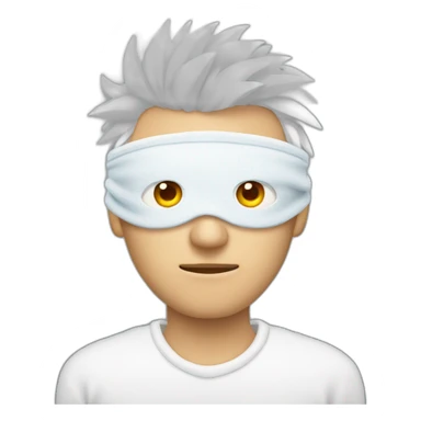 Man with blue eyes wearing blindfold covering his eyes and has white spiky hair and is wearing white sweater sticker