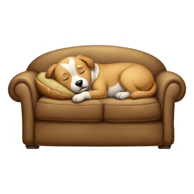Potato-shaped dog sleeping on an old couch in a dimly lit room — true couch potato dog. sticker