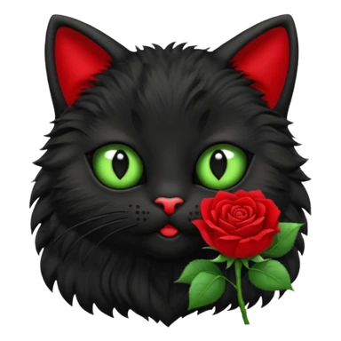 Cute emoji-style black cat holding a red rose in its mouth, big round eyes with light green sclera and black pupils, fluffy fur, clean mascot style, centered, soft beige background, 1:1 ratio. sticker