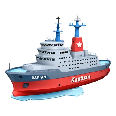 Realistic 3D icon of icebreaker "Kapitan Krutov" (grey hull, red star, white superstructure, "РОСМОРПОРТ" lettering). Soft winter lighting, 3/4 aerial view. Fractured blue ice, white background. High detail, photorealistic GSON style. sticker