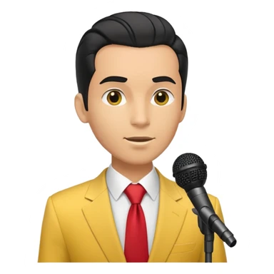 Man with black pulled back hair, wearing a yellow suit and red tie, holding a microphone sticker