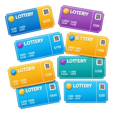 Create blank lottery coupons fanned out, clean and colorful, with different header colors and simple grid sections. No numbers, no text—just empty fields and a lottery-ticket layout. Bright, modern, and on a neutral background. sticker