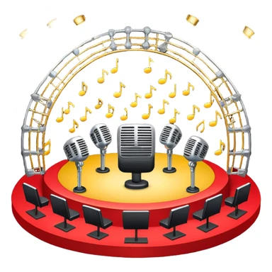 Create a vibrant and dynamic emoji that represents choral vocal performance. The design should feature 10 vintage stage microphones arranged in a semi-circle on a concert stage, symbolizing a vocal group or choir. Add musical notes flowing around the microphones to represent harmony and unity in the performance. Include concert lighting and a celebratory atmosphere to convey the excitement of live music. Use bright, bold colors like red, gold, and silver to emphasize the energy and glamour of the stage. The background should be transparent. sticker