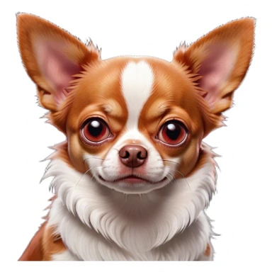 Cinematic Grumpy Red/White Short Haired Chihuahua Portrait Emoji, Head tilted slightly with a deeply unimpressed expression, thick red and white fur with bold patches, large, droopy dark eyes narrowed into an unamused glare, ears slightly drooping in exasperation, Simplified yet comically expressive features, highly detailed, glowing with a dry, sarcastic glow, high shine, effortlessly judgmental yet dignified, stylized with a touch of cynicism, bright but brooding, soft glowing outline, capturing the essence of an eternally unimpressed yet endearing pup, so lifelike it feels like it could sigh heavily at you in disdain at any moment! sticker