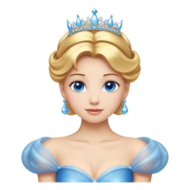Cinematic Stunning Cinderella Portrait Emoji, Radiant in her sparkling blue ball gown, golden hair in a perfect updo, soft blue eyes full of wonder, glistening tiara, glowing with an ethereal beauty, regal yet kind, a dreamlike aura surrounds her, capturing the essence of a fairy tale princess, elegant and breathtaking! sticker