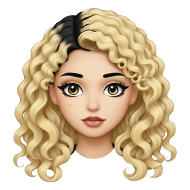 split dye leftside blonde rightside black hair, baddie, pretty makeup, black eyeliner, long and curly hair sticker