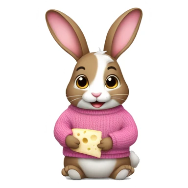 Cute rabbit: a brown rabbit wearing a pink sweater . Eating a gorgonzola cheese sticker