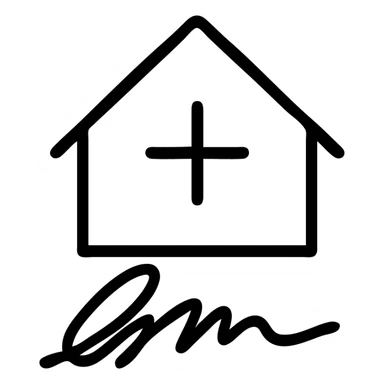 minimal house icon, the base formed by a handwritten signature, with a plus sign at the center, suitable for branding sticker