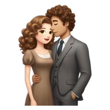 a girl with white skin and brown hair in a cute dress kisses a guy with white skin with curly short hair in a classic suit sticker