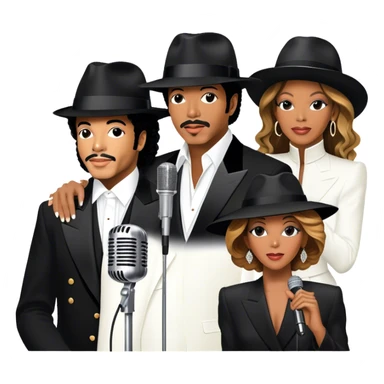 Icon for R&B Music: collage of iconic R&B artists—Michael Jackson, Beyoncé, Lionel Richie, Whitney Houston, and Barry White. Each artist represented by a silhouette or symbolic item (like a glove, microphone, or fedora). Transparent background. sticker