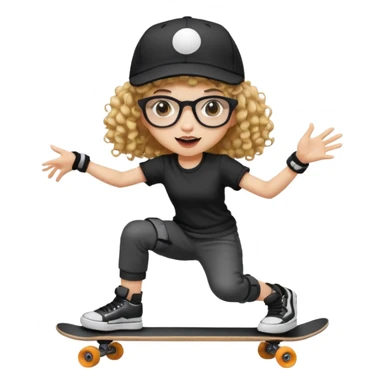 ["An excited girl with light skin, curly hair, wearing a baseball cap and square glasses, dressed in goth fashion, is skateboarding while holding a camera."] sticker