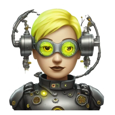 Fat Caucasian female cyborg head with Neon yellow bobbed hair, silver steampunk goggles and circuits sticker