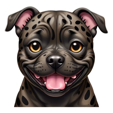 Cinematic Comical Black/Brindle Staffordshire Bull Terrier Portrait Emoji, Head tilted dramatically with an exaggeratedly amused expression, featuring a striking Fur with bold black and brindle patterns, wide, expressive dark eyes filled with playful disbelief, Simplified yet hilariously expressive features, highly detailed, glowing with a slightly sassy glow, high shine, dramatic yet playful, stylized with an air of cheeky mischief, bright and endearing, soft glowing outline, capturing the essence of a spirited and over-the-top guardian, so meme-worthy it feels like it could side-eye its way into internet fame instantly! sticker