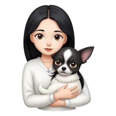 Fair skin girl - long black hair - white clothes - hugging a black chihuahua sticker