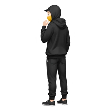 fullbody Mysterious shy caucasian man in black hoodie on head, hands in pockets and black pants rear backview sticker