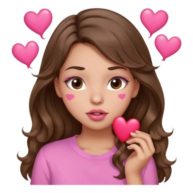 girl with long wavy brown hair, brown eyes, light to medium complexion, in a pink shirt, pink lips, long lashes, puckering lips kissing, blushing with hearts sticker
