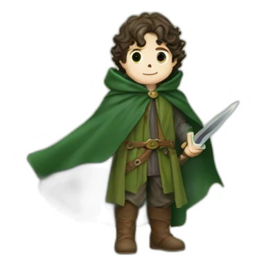 Frodo Baggins in a green cloak with the One Ring and a blade sticker