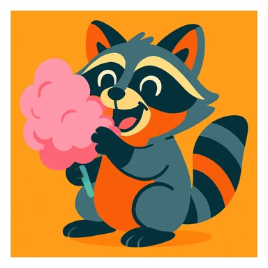 a raccoon eating cotton candy, fun and expressive style, vibrant colors, cartoonish, playful sticker