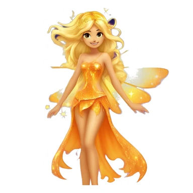 Stella adult latina fairy of the sun and the moon in her enchantix fairy orange two-piece clothing and fairy enchantix wings and long blonde hair from winx club. Lots of sparkles and fairydust. Full body pic and full fairy bliss sticker