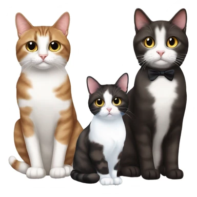 dark brown tabby cat sitting next to tuxedo cat and calico cat sticker