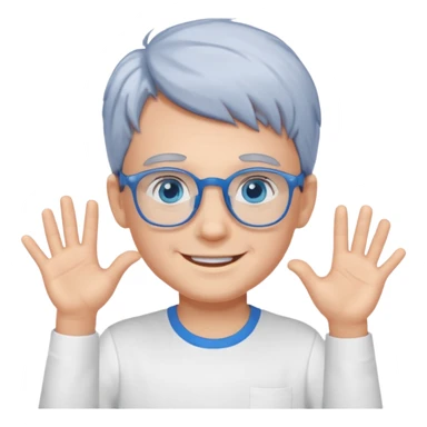 smiling boy in white shirt saying hi with blue glasses and blue eyes and gray hair  sticker
