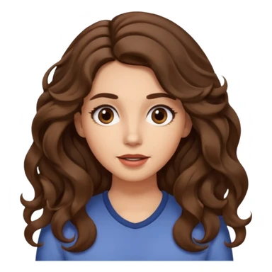She has long, brown hair styled in soft wavy curls with a middle part. She has well-shaped eyebrows and dark brown eyes. She is wearing light makeup that highlights her natural beauty and is offering a slight smile to the camera. She is surprise sticker